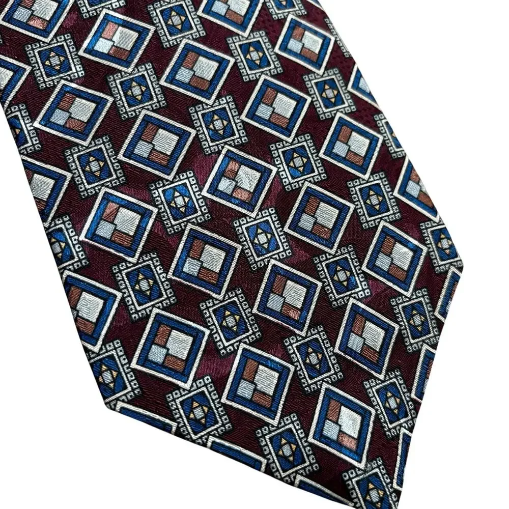 Liberty of London Italian silk neck tie dark red blue & gray geometric pattern